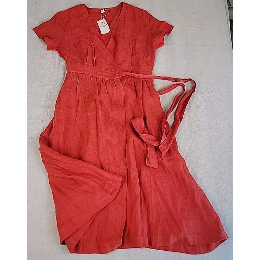 Grae Cove Linen Dress M Orange Wrap Tie Pockets V Neck Praire Cottagecore NEW - Picture 1 of 13